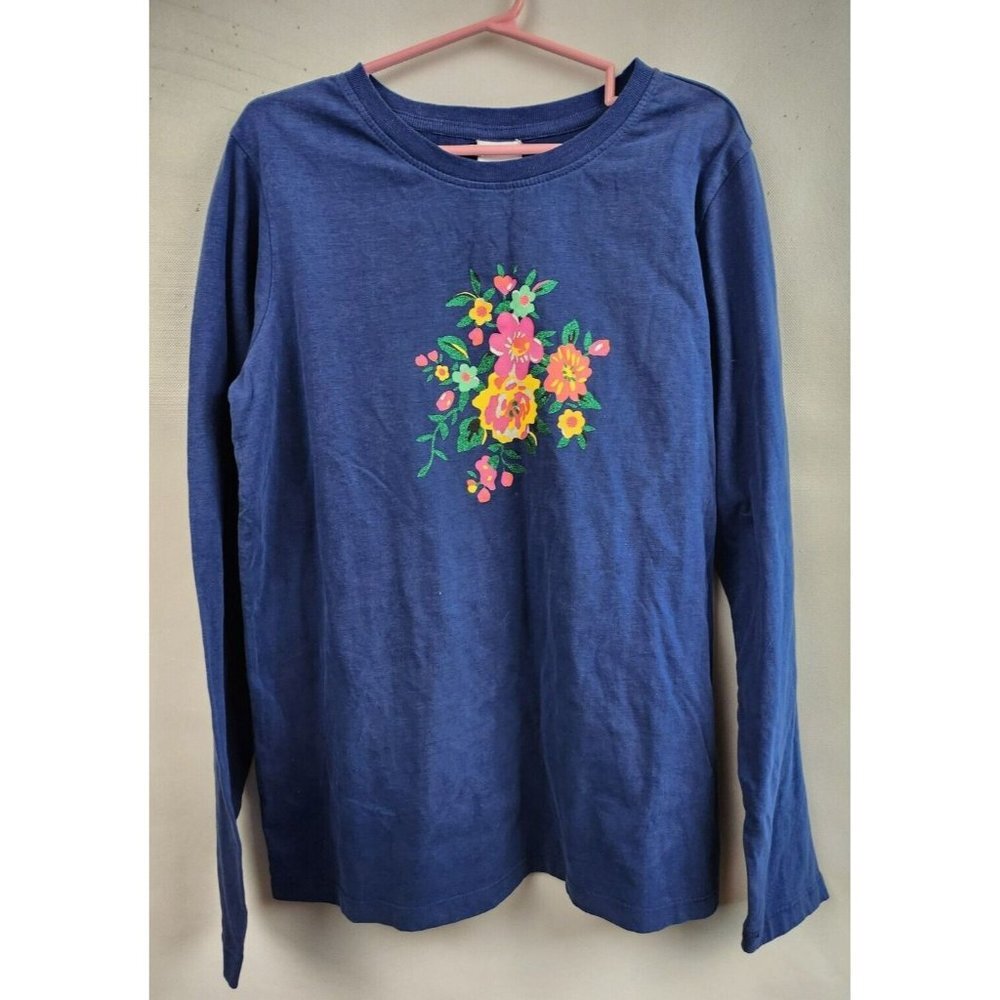 Hanna Andersson Blue‎ Floral Applique Cotton Long Sleeve Tee Top Size 12 US